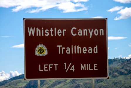 Whistler Canyon Trailhead sign on Highway 97 (close up)