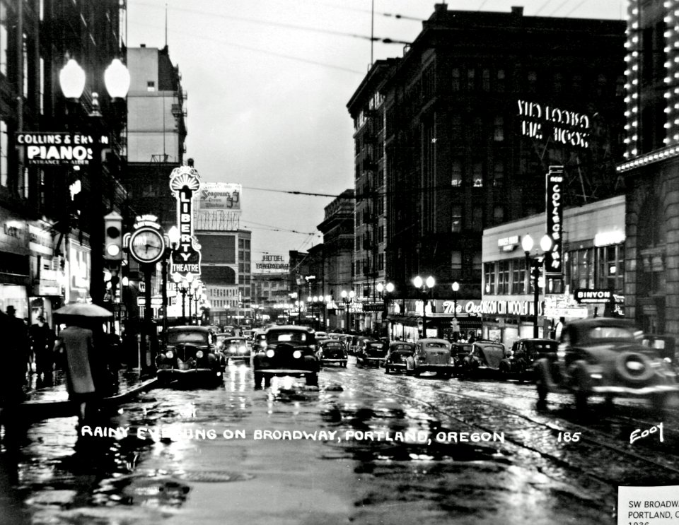 SW Broadway in Evening Rain, Portland, OR 1936