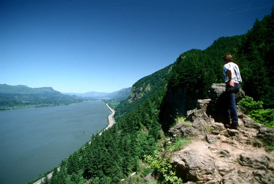 Hiker at Perdition trail viewpoint, Columbia River Gorge NSA