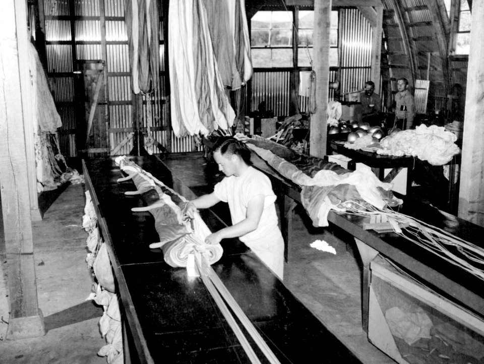Packing Parachute at Smokejumpers Loft, Intercity Airport, Okanogan, NF, WA 1957