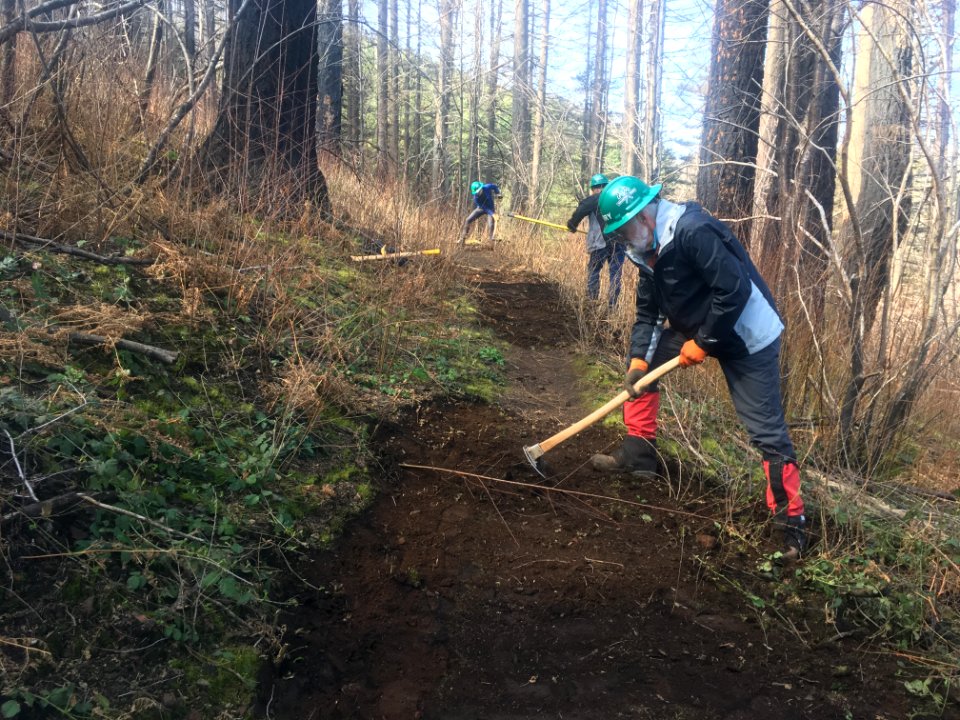 20190406 CRGNSA Trailkeepers clearing rock & debris & clearing drainage, on the Wahkeena Trail. Photo courtesy of Josh Durham 04
