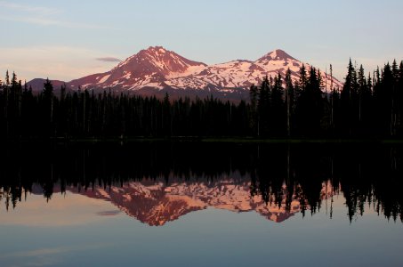 Three Sisters and Scott Lake at sunset from Scott Lake Campground