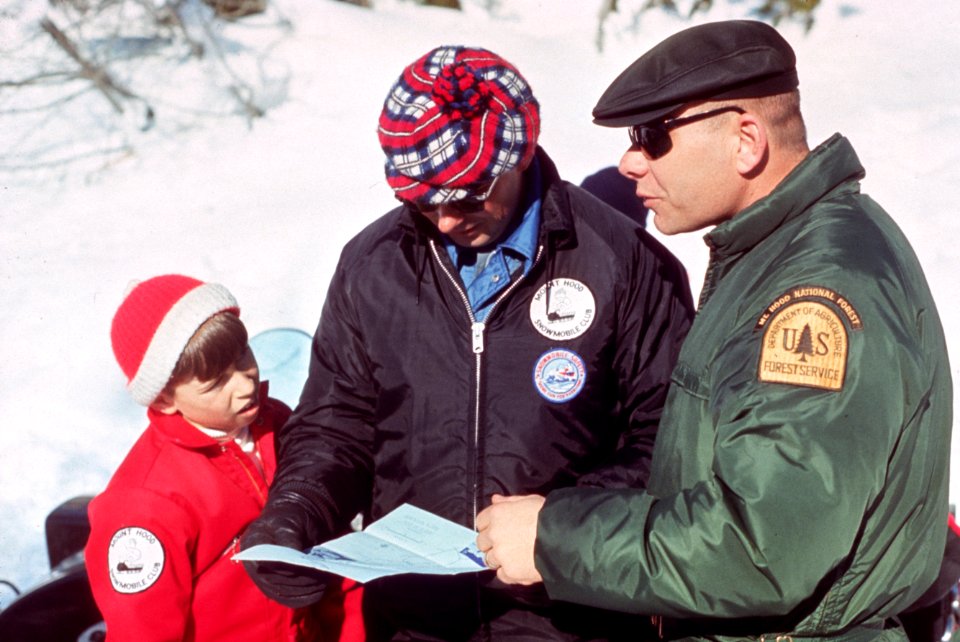 226 Dick Buscher with snowmobile club members, Mt Hood Nat'l Forest  1970's