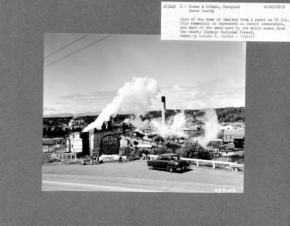 483149 Shelton Sign and Town Along U.S. 101, Shelton, WA 1957