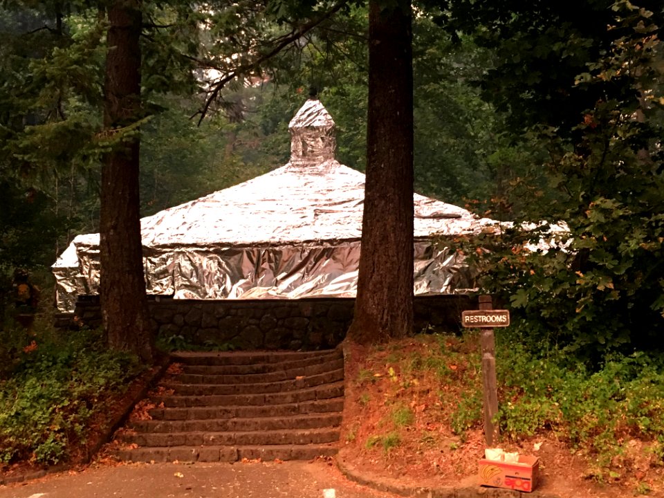 Big John Toilet at Eagle Creek Recreation Area wrapped with structure protection wrap September 4, 2017