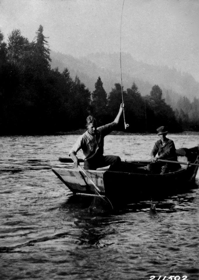 211502 Fishing from River Boat, Cascade NF, OR c1920