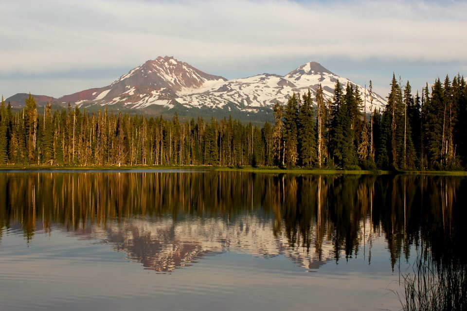 Three Sisters and Scott Lake from Scott Lake Campground on the Willamette National Forest