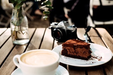 Coffee, chocolate cake and an analog camera photo