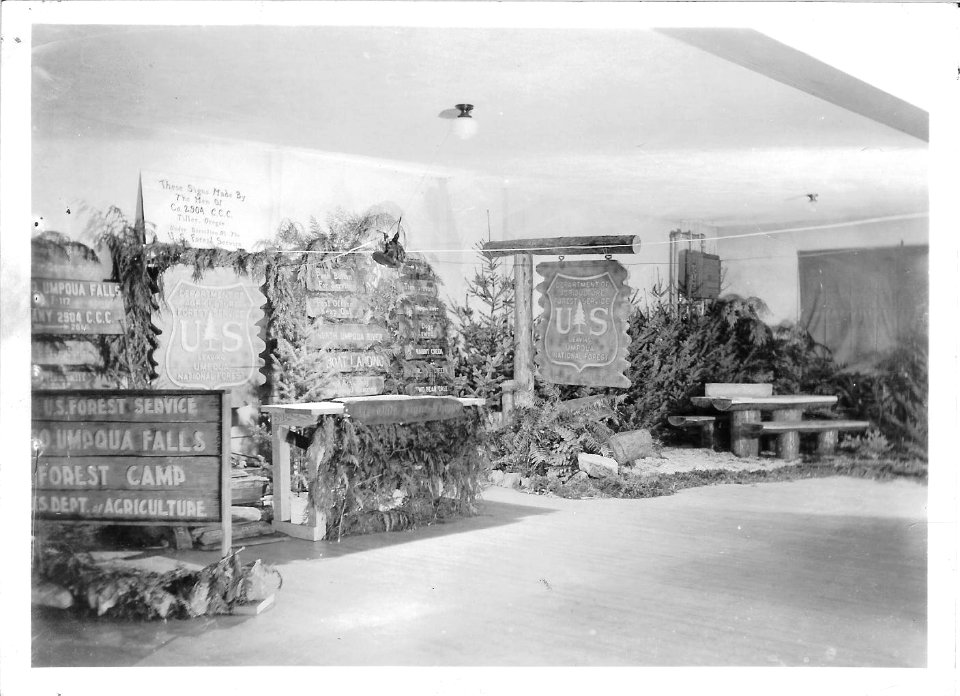 Umpqua National Forest signs a the Lane County Industrial Exhibit in Cottage Grove, OR. Signs made by CCC Company 2904 at Tiller, OR