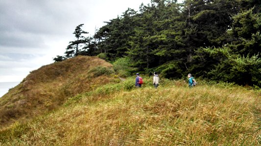 Hikers enjoy an early fall day on the Pacific Northwest Trail at Ebey's Landing
