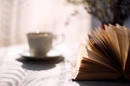 Open book and a cup of tea