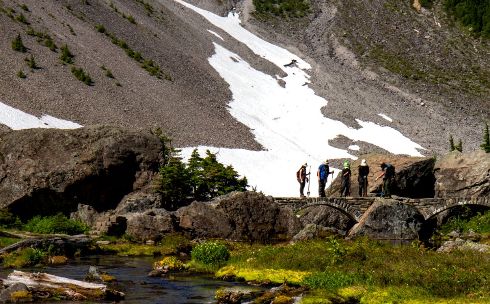 Volunteer Work Crew on Bridge at Heather Lake,  Mt Baker Snoqualmie National Forest
