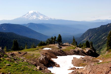 Dispersed camping near Goat Lake with Mount Adams in the background, Goat Rocks Wilderness on the Gifford Pinchot National Forest