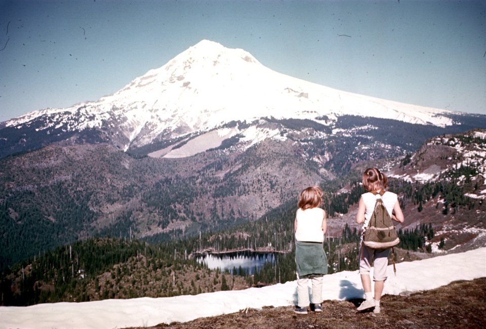 308 Mt Hood Nat'l Forest, two young hikers view Mt Hood and Burnt Lake  5-1963