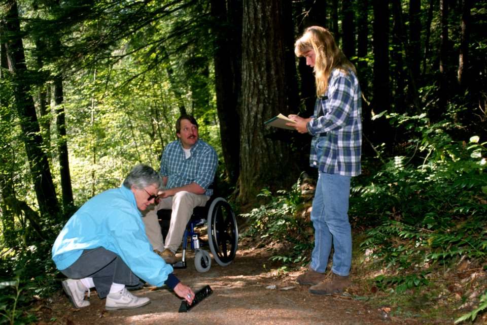 Forest engineers examine trail grade, Gifford Pinchot National Forest.jpg