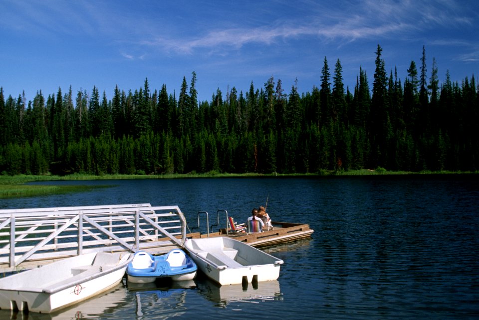 Fishing from boat dock, Jubilee Lake Umatila National Forest