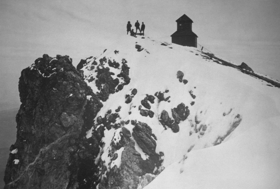 464 Climbing Mt Hood, on the summit near Mt Hood fire lookout