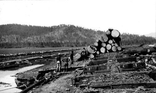 Crater NF - Dumping RR Car of Logs into Klamath Lake, Oregon c1905 photo