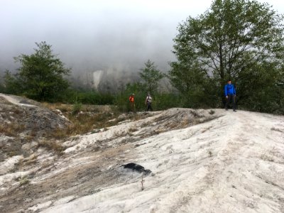 Regional hydrologists and soil scientist make field visit to the pumice plain and debris blockage 2018, USFS photo.
