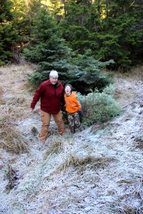 201912 Olympic Grandmother and grandson pose with thier holiday tree.