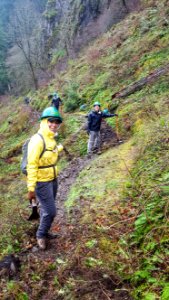 20190406 CRGNSA Trailkeepers clearing rock & debris & clearing drainage, on the Wahkeena Trail. Photo courtesy of Josh Durham.