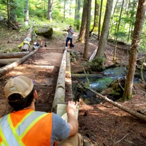 202010 Engineering staff make field measurements on the Buck Creek Trail Bridge on the western slope of Mt. Adams photo