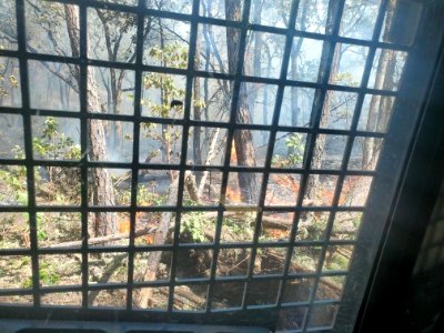 It is still smokey in a bulldozer cab on the fireline, South Obenchain Fire, 9-10-2020