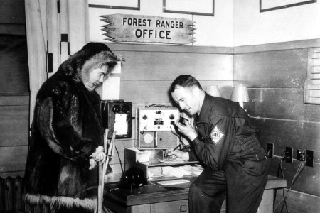 156 Snow Ranger with District Ranger at office in Timberline Lodge