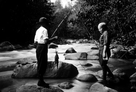 032 Two girls fishing Zigzag River, Mt Hood NF 1920's photo