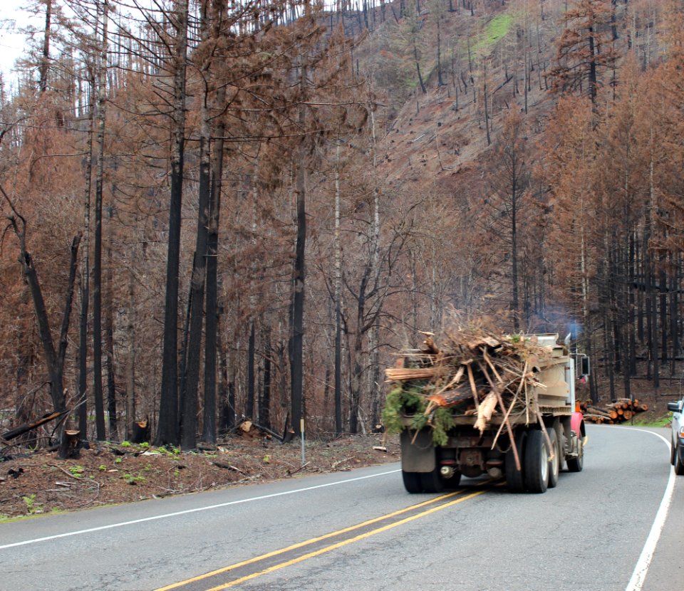 Truck carrying debris down Hwy 224 after Riverside Fire, Mt. Hood National Forest