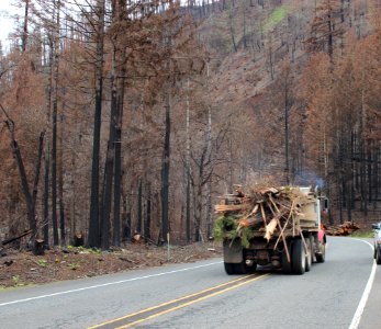 Truck carrying debris down Hwy 224 after Riverside Fire, Mt. Hood National Forest