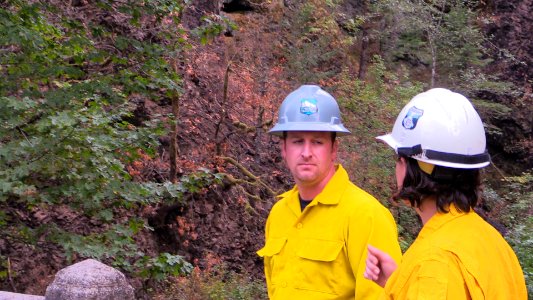 Scenic Area Public Affairs Officer Rachel Pawlitz reviews Burned Area Emergency Response findings with Geologist Ryan Cole