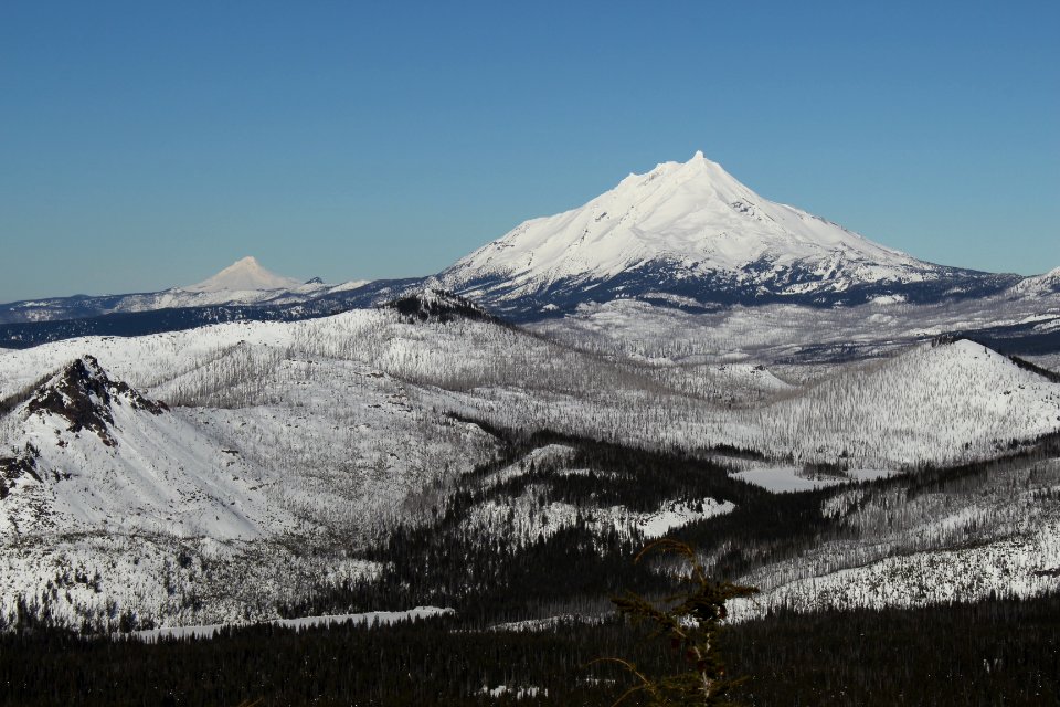 Mount Hood (left) and Mount Jefferson from Maxwell Butte, Mount Jefferson Wilderness on the Willamette National Forest