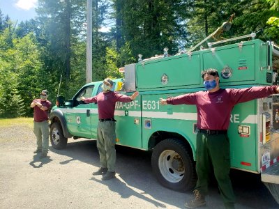 202006 GiffordPinchot South Zone Gifford Pinchot firefighters model new cloth masks generously donated by a local citizen.