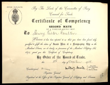 Henry Victor Coulton's Mate's Certificate 1908