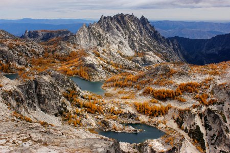 Enchantment Basin and Prusik Peak in autumn from Little Annapurna, Alpine Lakes Wilderness on the Okanogan-Wenatchee National Forest photo