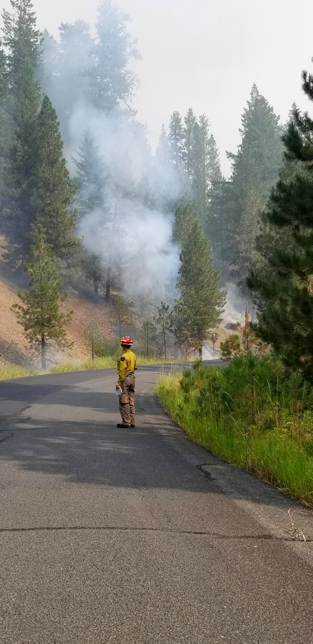 A firefighters monitors progress of Canyon 66 Prescribed fire