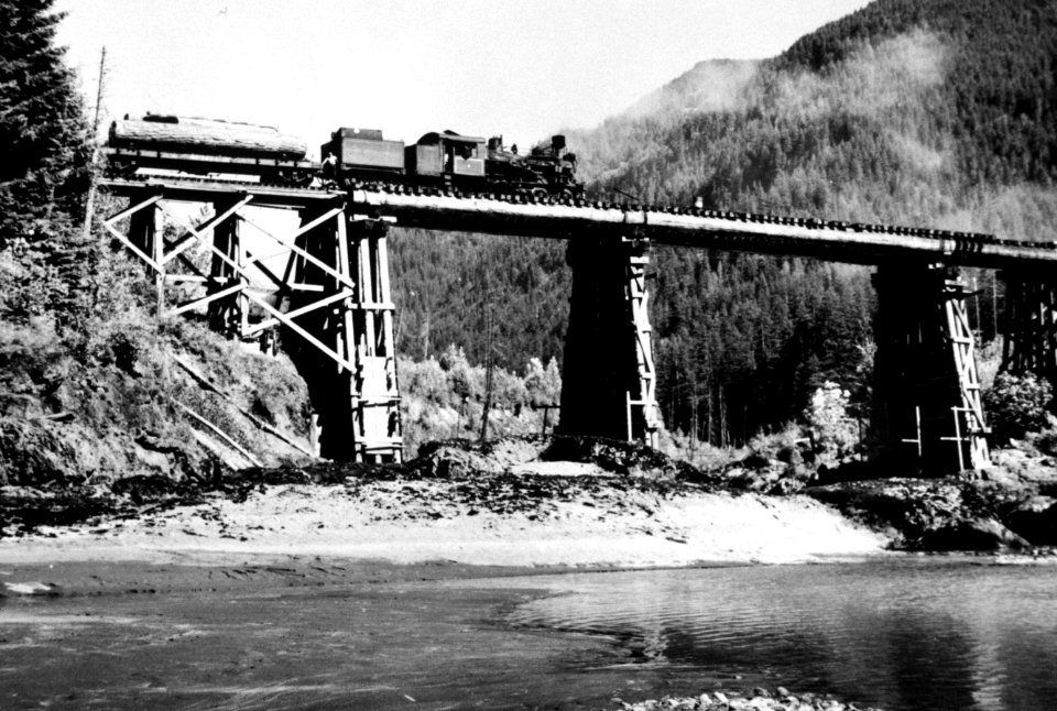 254 historic railroad logging, train crossing trestle