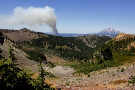 Start of a new wildfire (July 2015), seen from pass alongside Three Fingered Jack on the Willamette National Forest