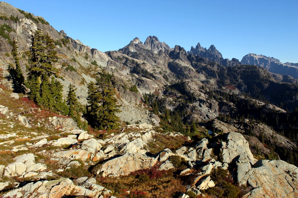View from pass along Chikamin Ridge looking towards Chikamin Peak, Alpine Lakes Wilderness on the Okanogan-Wenatchee National Forest