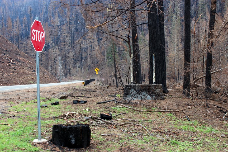 Destroyed entrance sign at Lazy Bend Campground, Mt. Hood National Forest