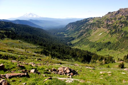 Goat Creek valley and Mount Adams from Goat Lake, Goat Rocks Wilderness on the Gifford Pinchot National Forest