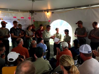 Forest Service Chief Tony Tooke visits Eagle Creek ICP and recognized FS personnel who helped with hiker evacuations the night of September 2, 2017