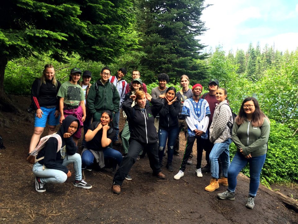 201908 Mt Hood National Forest staff with Portland Parks Rec Youth Conservation Corps posing together  on a group trip. Forest Service photo by Kira Mcconnell.