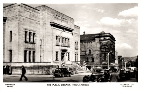 1950s photo postcard fo the Public Library and the Theatre Royal in Huddersfield