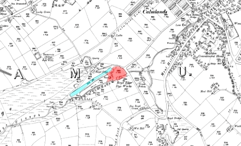 1906 map showing the location of Royd Edge Dyeworks and mill pond