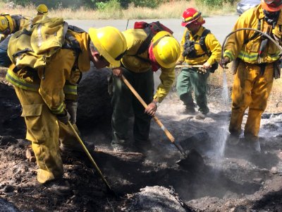 Firefighters conducting mop-up near the fire line, Jolly Mountain Fire, 2017