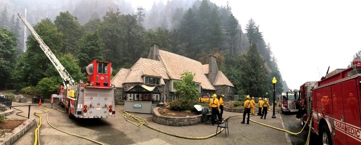Panorama of structure point protection at Multnomah Falls Lodge.  September 6, 2017