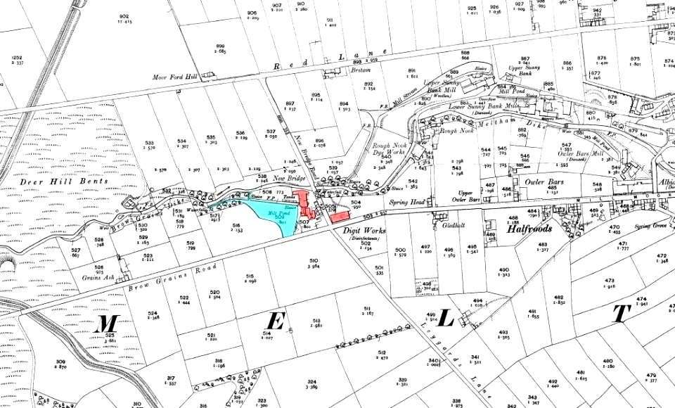 1906 map showing the location of New Bridge Mill, Meltham