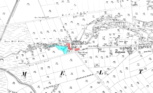 1906 map showing the location of New Bridge Mill, Meltham
